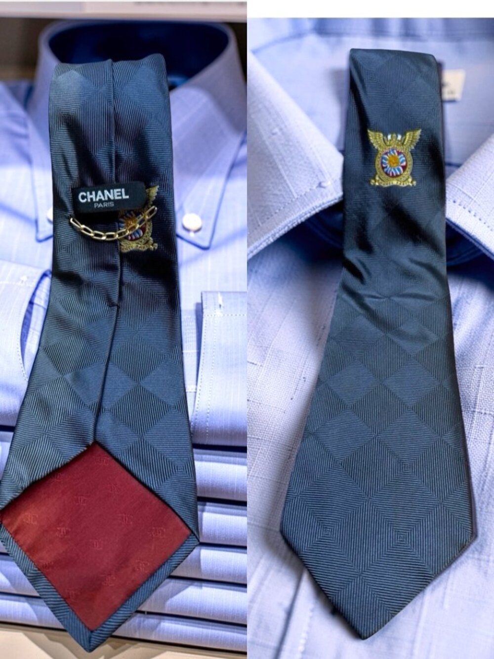Vintage Classic Chanel Necktie 100% Silk Gray logo gold chain Italy Made (47